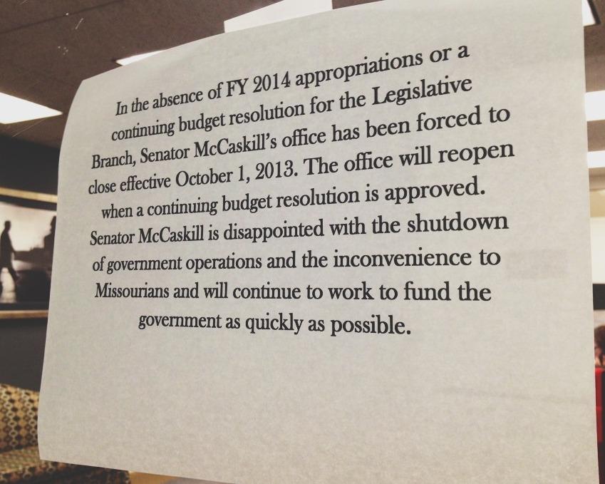 A sign posted on the window of Sen. Claire McCaskill's Washington, D.C., office says they are closed due to the government shutdown. 